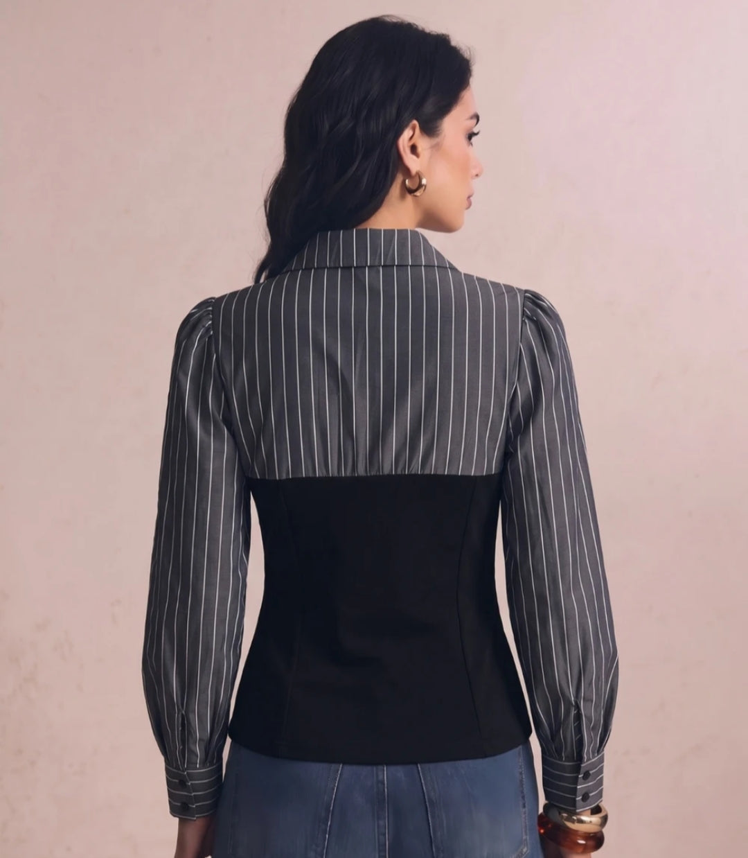 Fake two-pieces contrast waist blouse