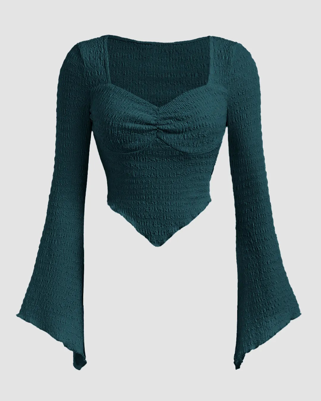 Casual Sweetheart Neck Ruched Flared Sleeve Solid Top