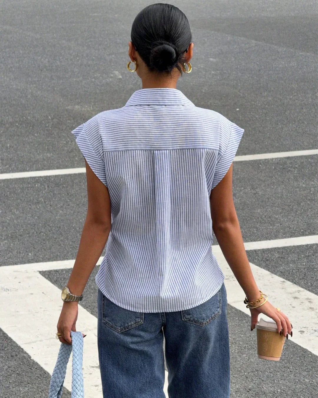 Striped Button Down Sleeveless Collared Shirt