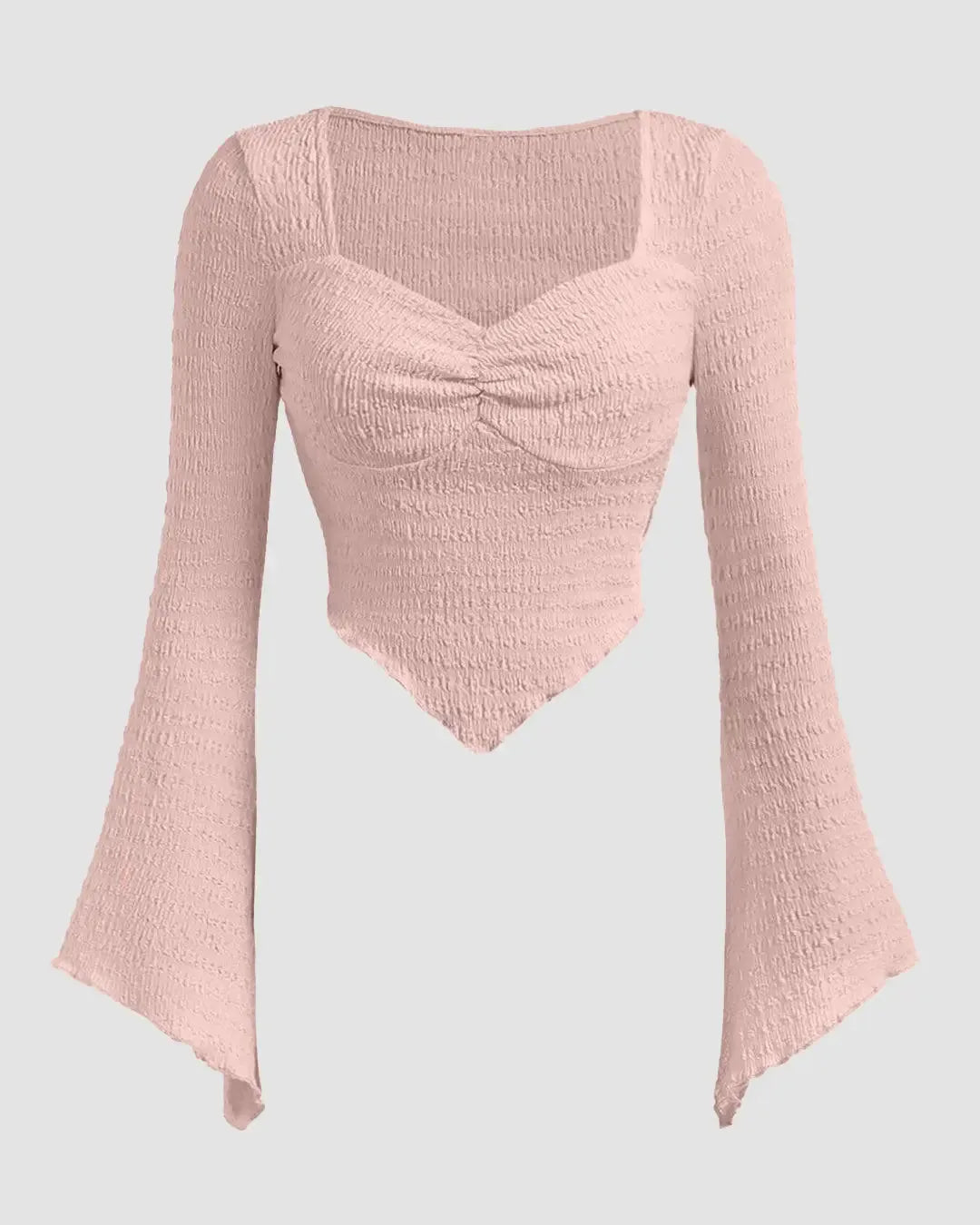 Casual Sweetheart Neck Ruched Flared Sleeve Solid Top