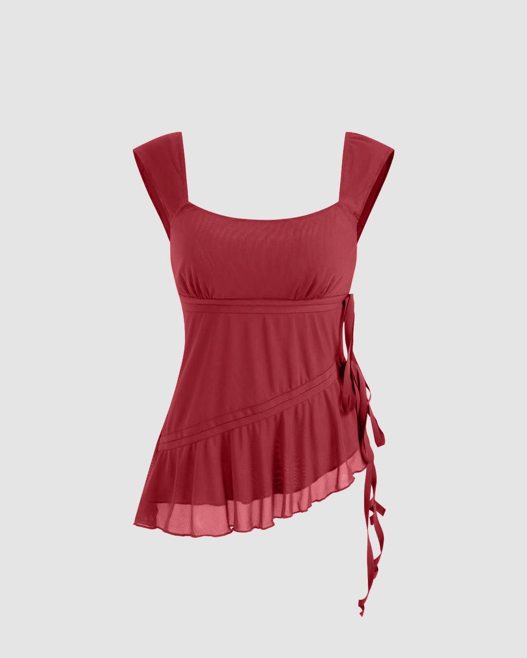 U-neckline Asymmetrical Ruffle Trim Knotted Tank Top