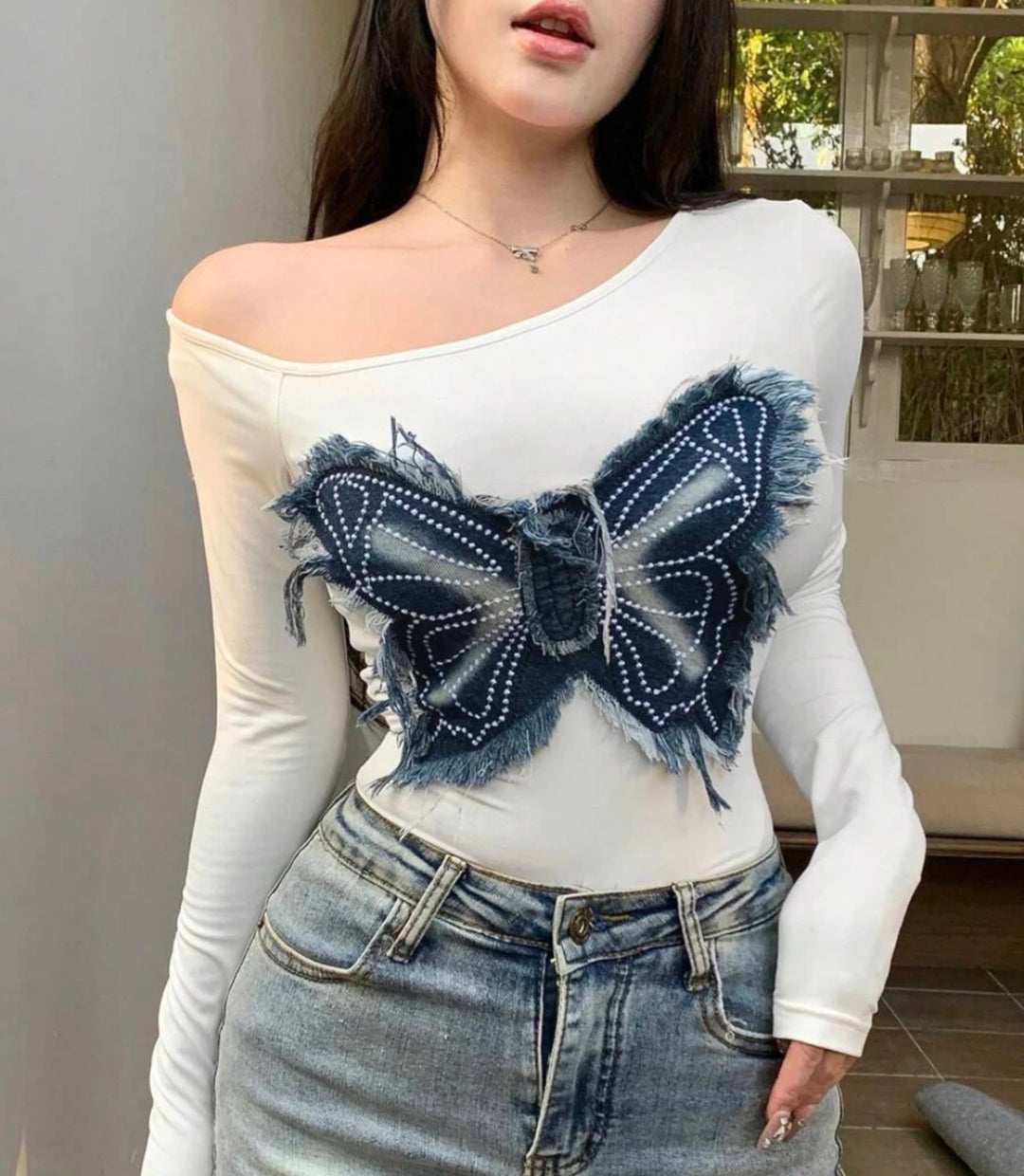 One Shoulder Denim Butterfly Patch Top