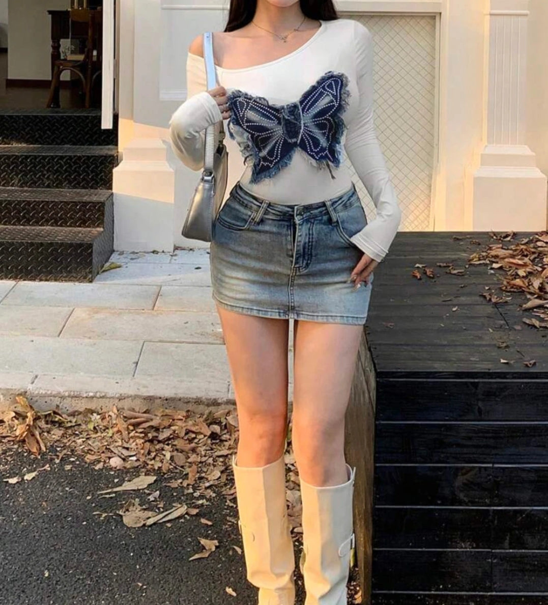 One Shoulder Denim Butterfly Patch Top