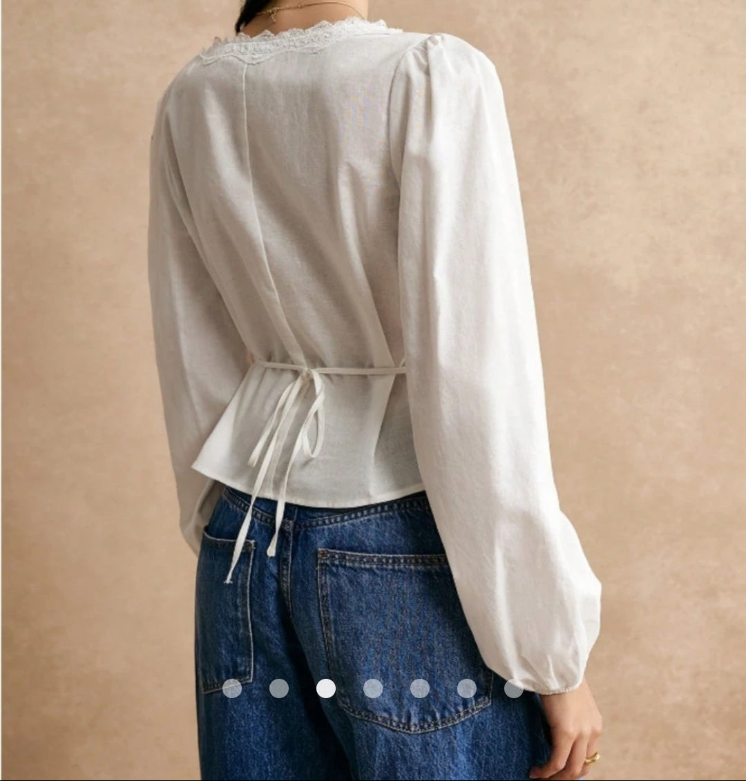 Lace Trimmed Blouse with Cinched Waist