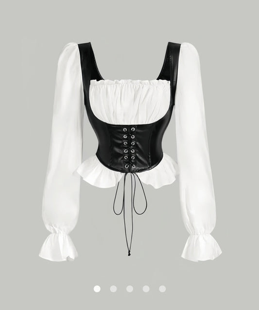 Puff Sleeve Faux Leather Corset Top
