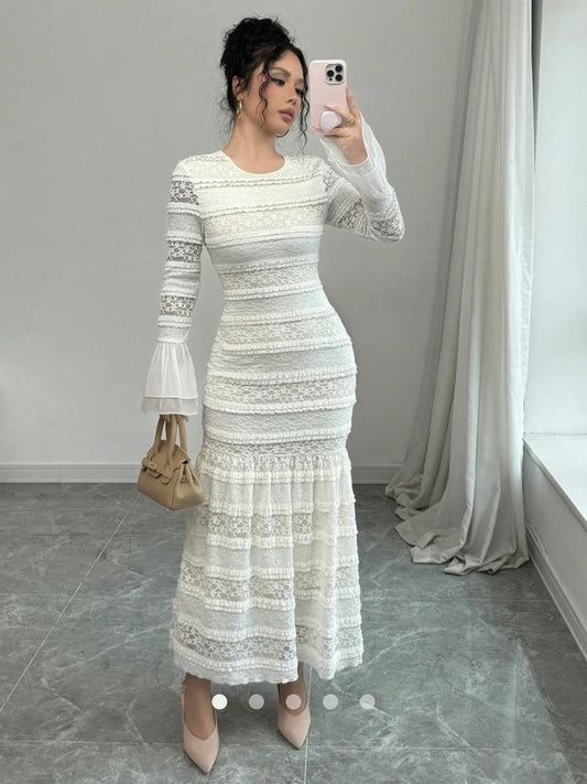 Casual Bodycon Bell Sleeves Gathered Dress