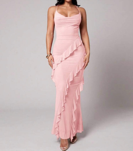 Ruffle Detail Spaghetti Strap Light Pink Maxi Dress