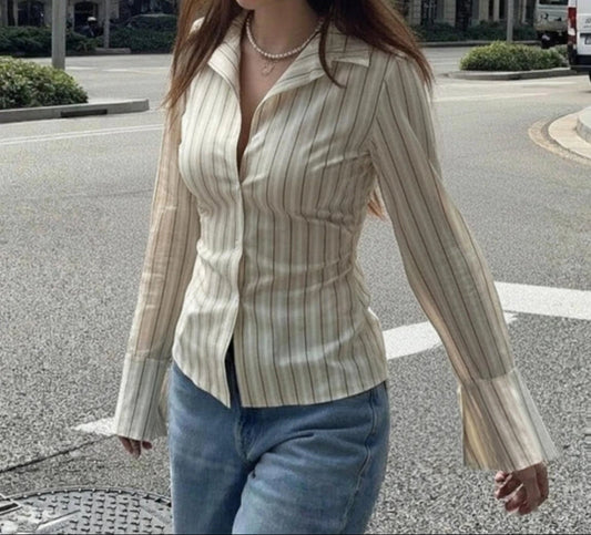 Slim-Fit Striped Blouse with Flared Cuffs