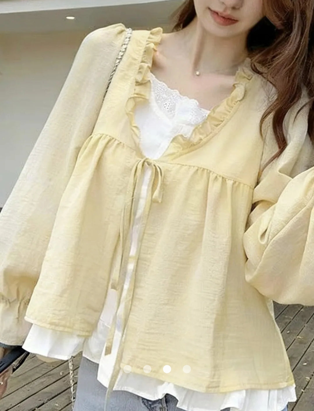 Contrast Puff Sleeve Top With Ruffle