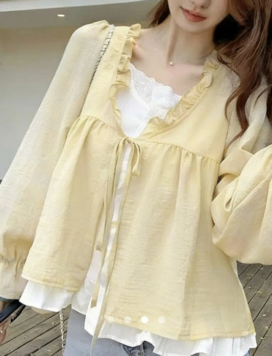 Contrast Puff Sleeve Top With Ruffle