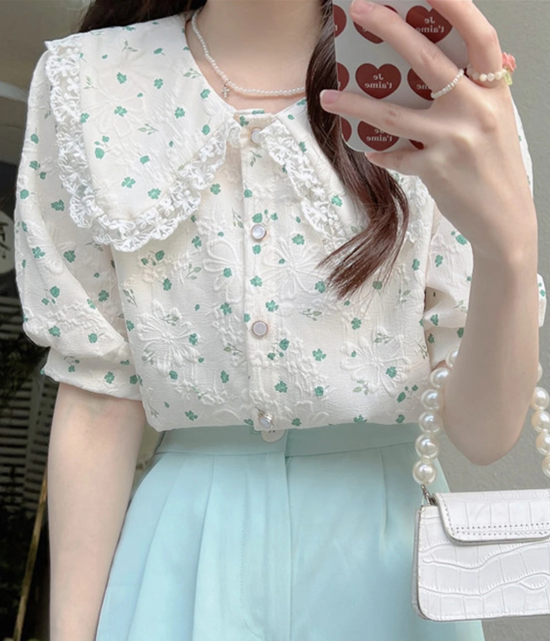 Lace Trim Puff Sleeve Blouse