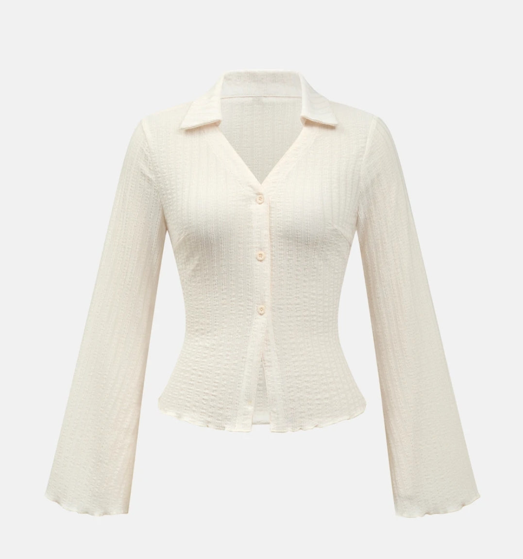 Solid Color Flare Sleeve Casual Blouse