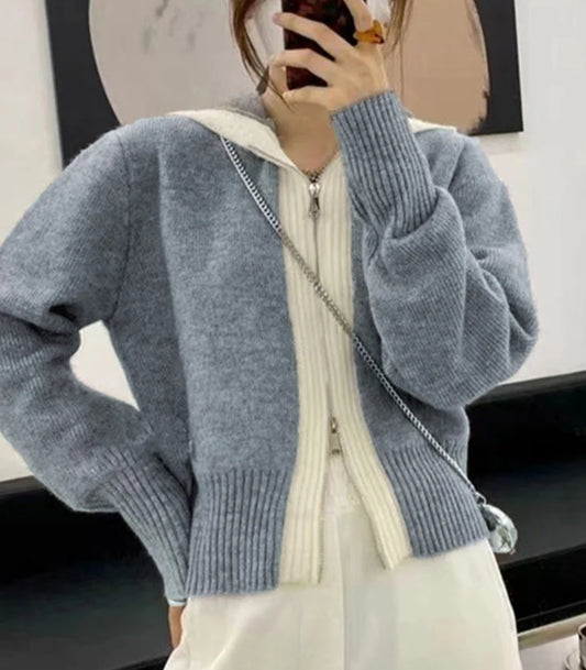Double Zipper Sailor Collar Cardigan