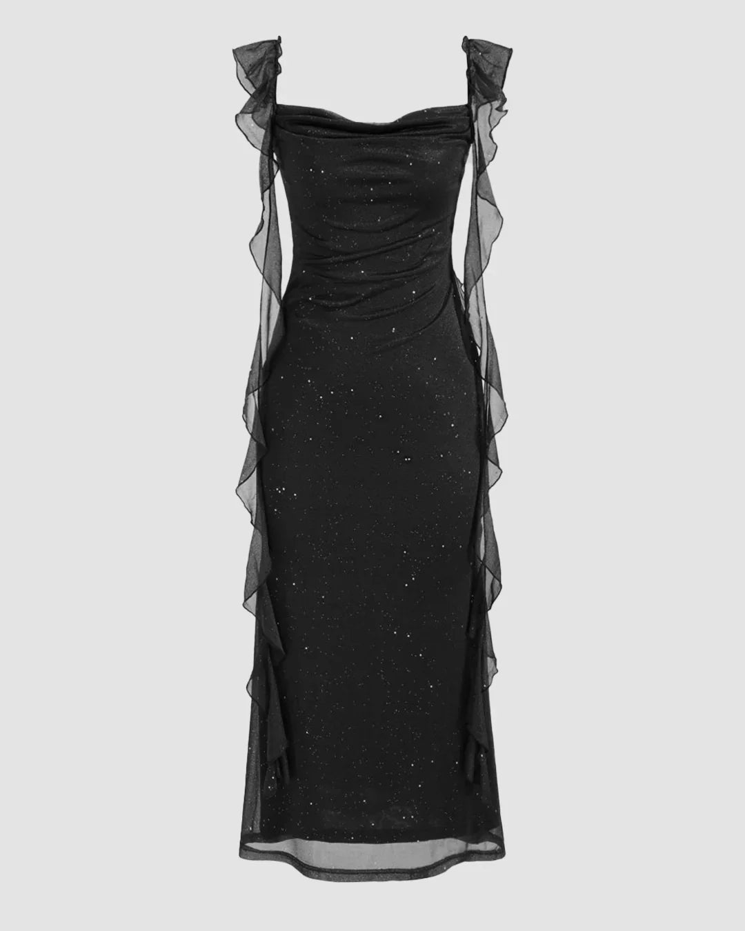 Black Ruched Ruffle Dress