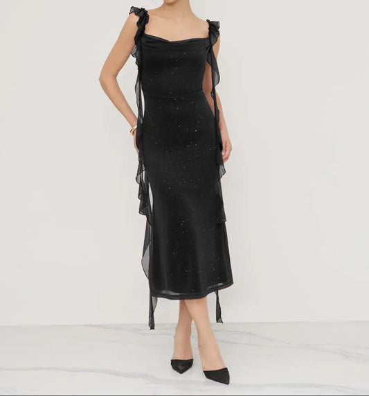 Black Ruched Ruffle Dress