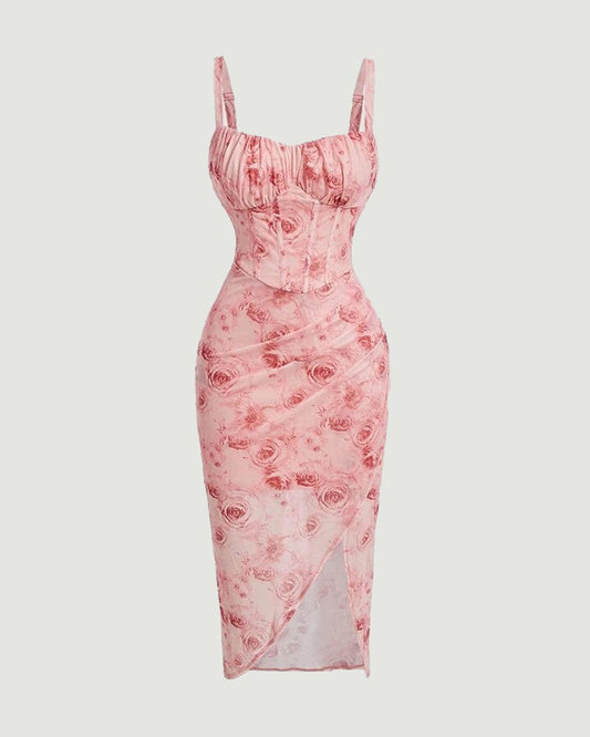 Floral Print Spaghetti Strap Empire Waist Asymmetrical Pink Dress