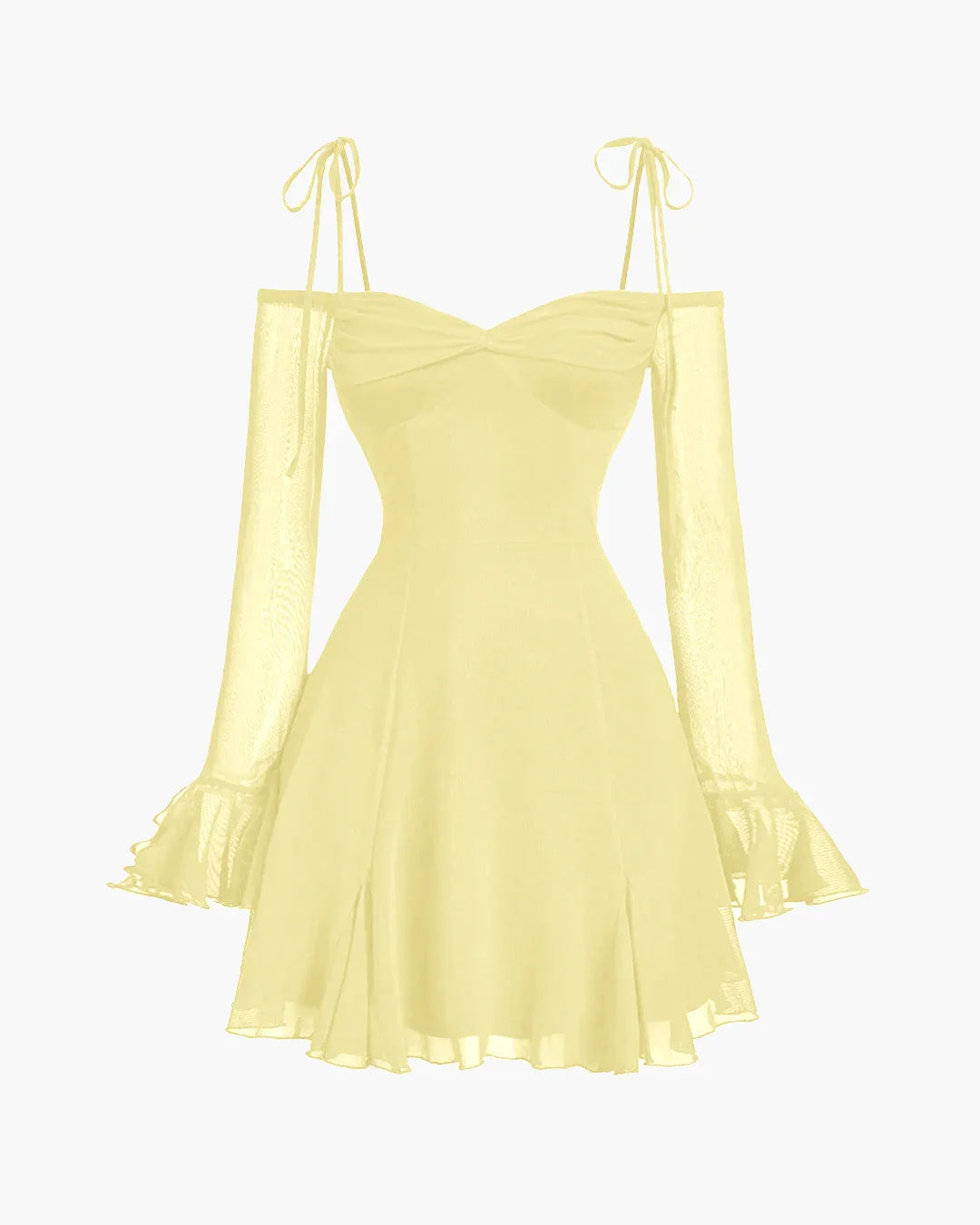 Mesh Sleeve Tie-Strap Fit Flare Dress in French Vanilla
