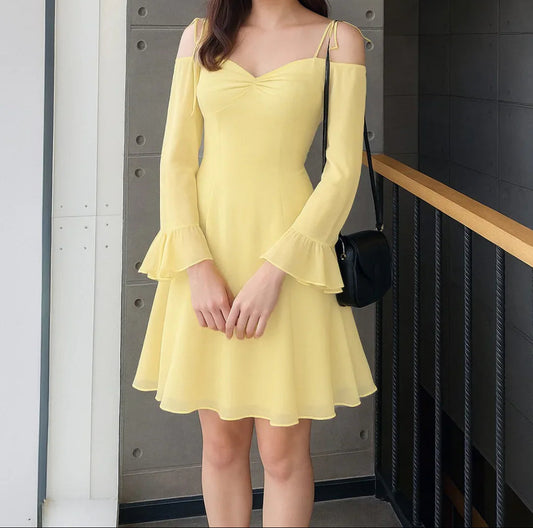 Mesh Sleeve Tie-Strap Fit Flare Dress in French Vanilla