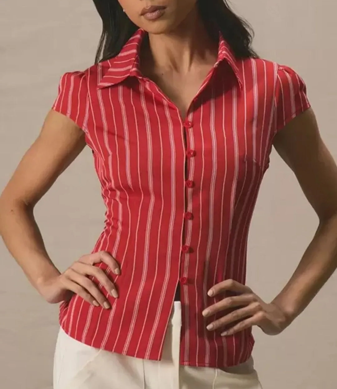 Fitted Waist Casual Striped Shirt