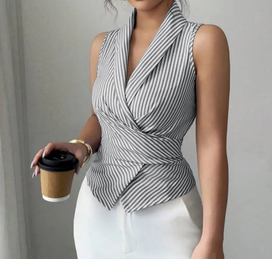 Pinstripe Halter Wrap Front Waistcoat