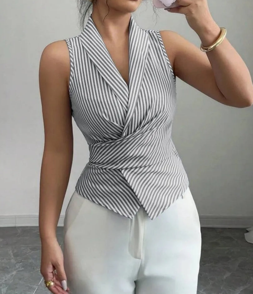 Pinstripe Halter Wrap Front Waistcoat