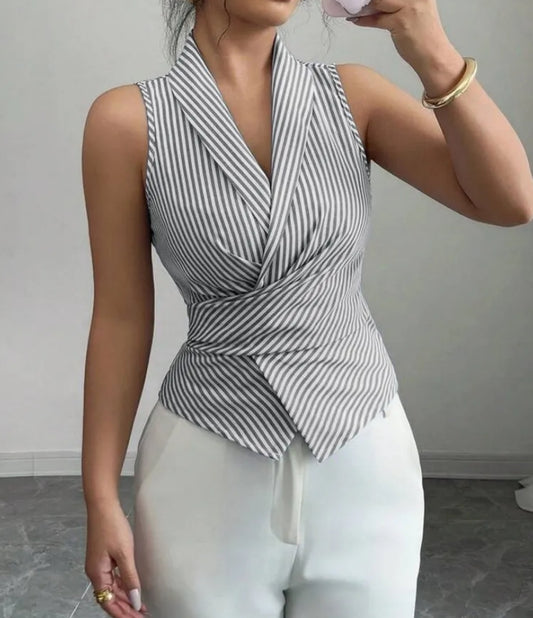 Pinstripe Halter Wrap Front Waistcoat