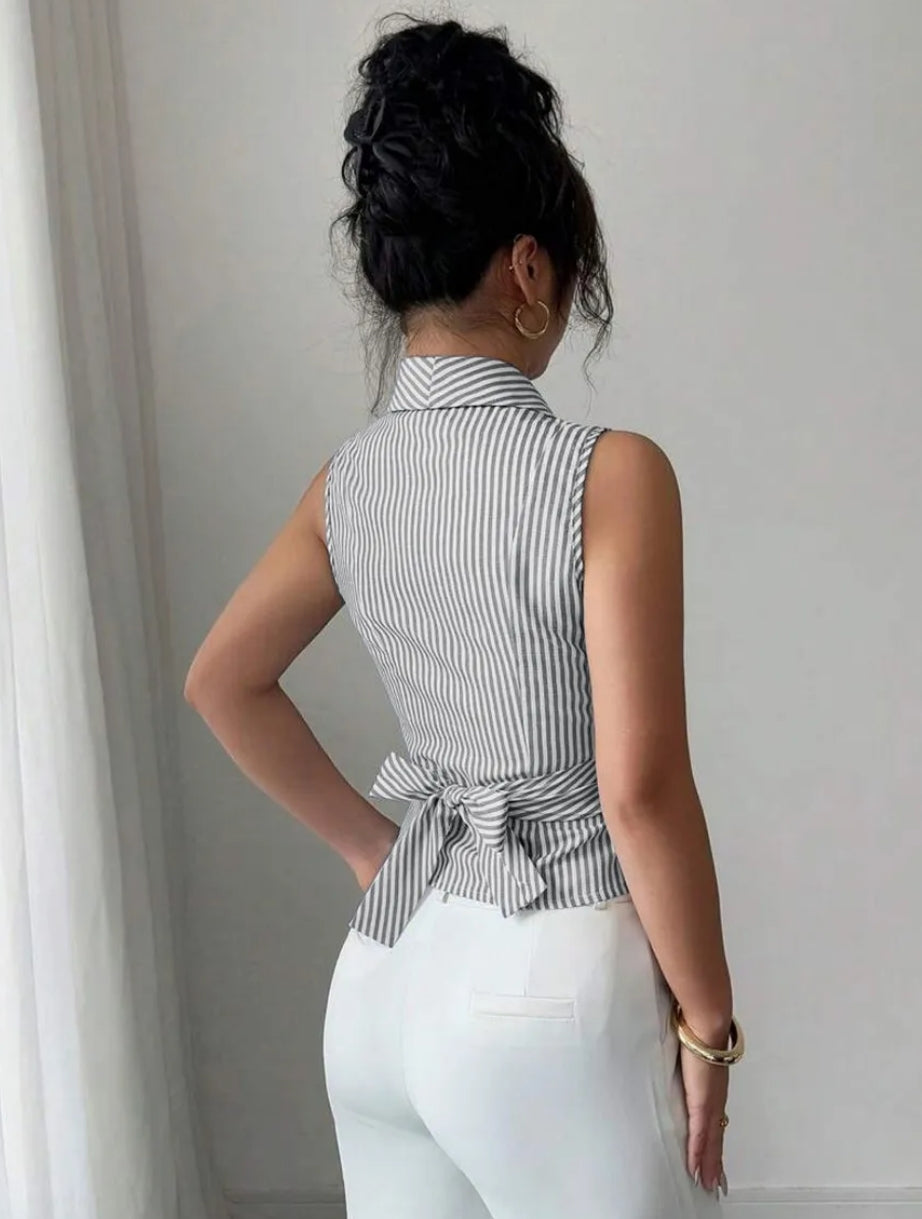 Pinstripe Halter Wrap Front Waistcoat