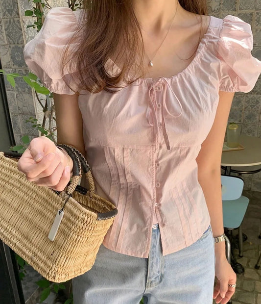 Form-Fitting Belted Puff Sleeve Placket Blouse