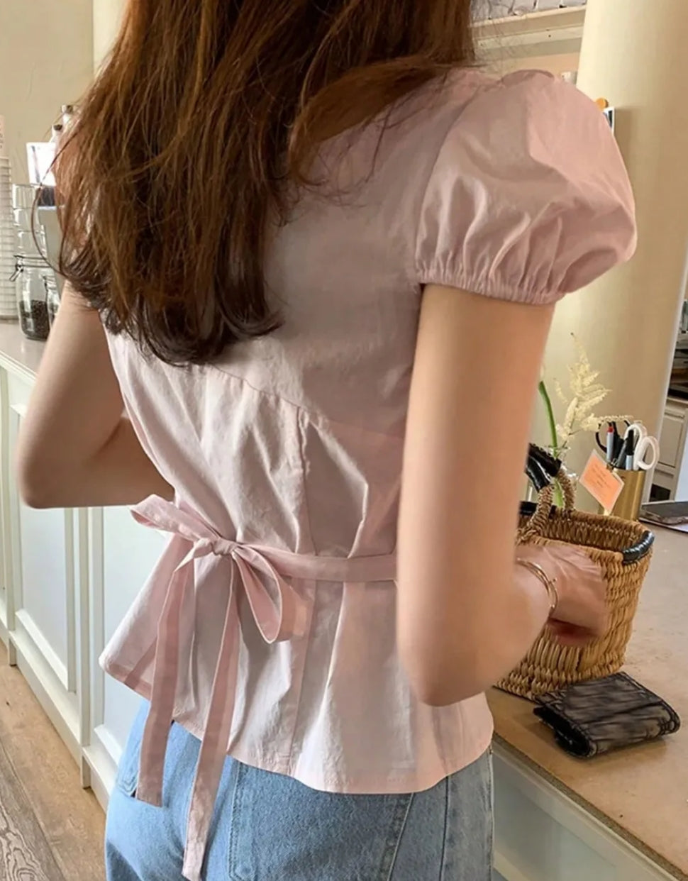 Form-Fitting Belted Puff Sleeve Placket Blouse