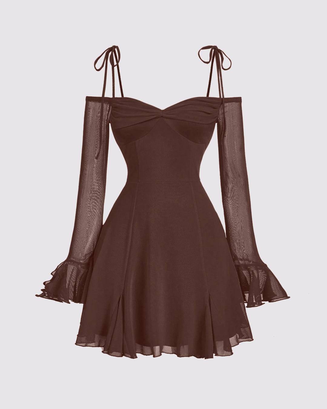 Mesh Sleeve Tie-Strap Fit Flare Dress in Chocolate Brown