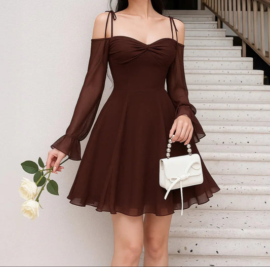 Mesh Sleeve Tie-Strap Fit Flare Dress in Chocolate Brown