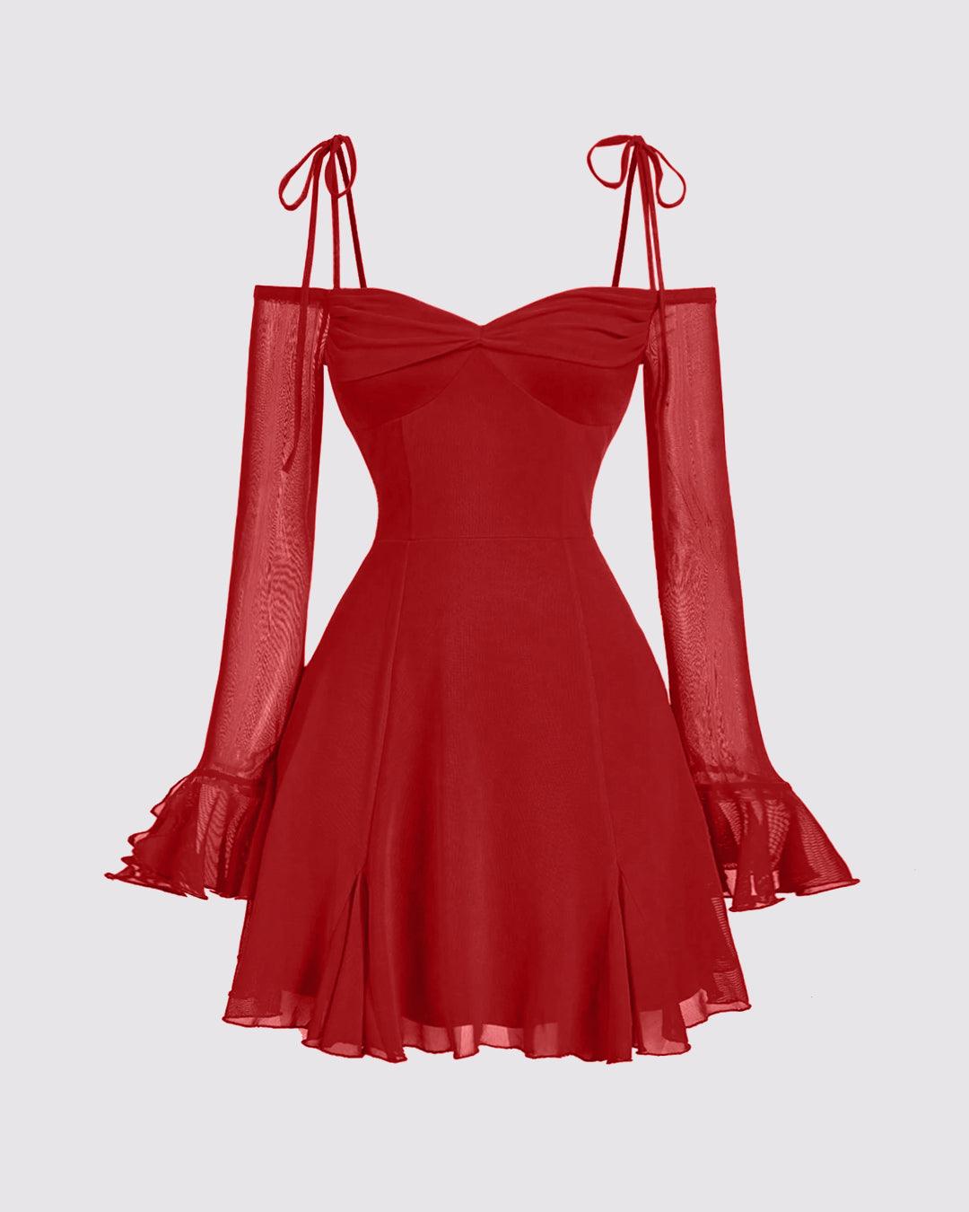 Mesh Sleeve Tie-Strap Fit Flare Dress in Red