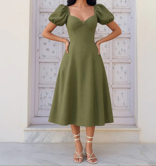 Summer Elegant Solid Color Puff Sleeve Cinch Waist Dress