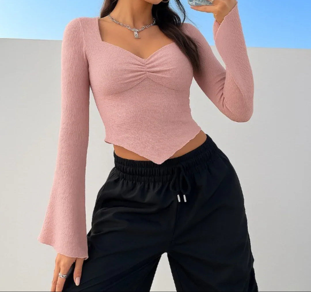 Casual Sweetheart Neck Ruched Flared Sleeve Solid Top