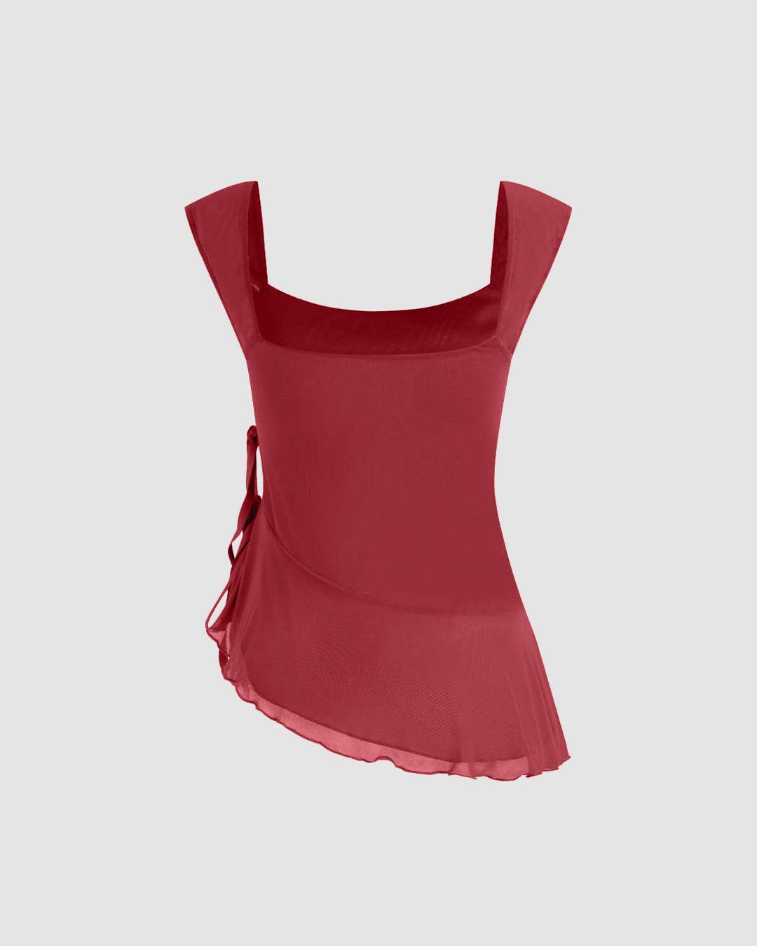 U-neckline Asymmetrical Ruffle Trim Knotted Tank Top